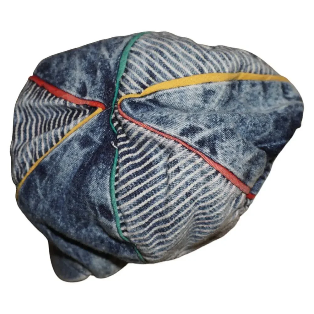 Kids Vintage 80s Denim Newsboy Cap Multicolor Piping Made in Taiwan